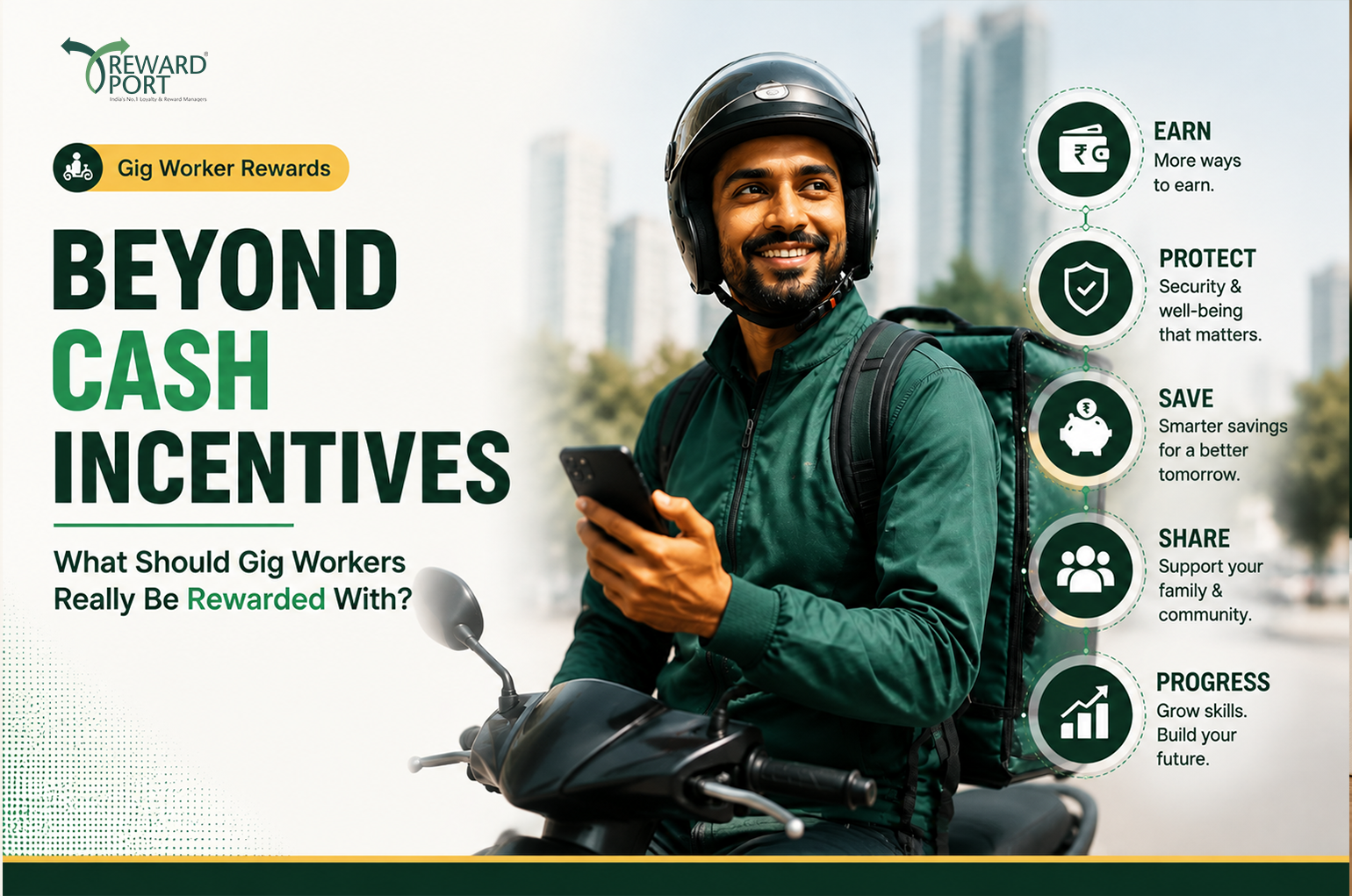 Gig worker rewards framework in India combining income, protection, everyday savings, family benefits and aspiration